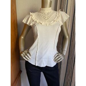 EUC Free People Victorian Crochet High Neck Ruffle Sleeve Tee S